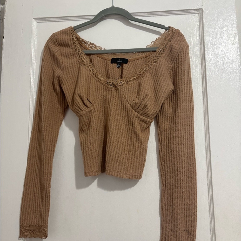 Lulu's Tan Ribbed Lace Long Sleeve Top